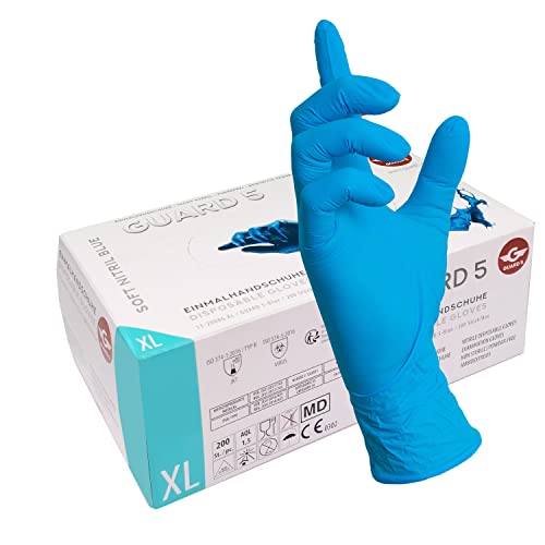 GUARD 5 200 stuks doos blauwe nitril wegwerphandschoenen in dispenser wegwerphandschoenen, onderzoekshandschoenen, nitril handschoenen, poedervrij, zonder latex (10/XL)