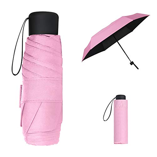 Vicloon Mini-reisparaplu, zakparaplu, draagbare compacte opvouwbare paraplu, kleine lichtgewicht waterdichte paraplu, regen- en parasol, Paraplu met roze zak, L