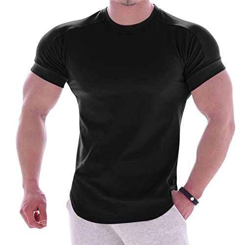 OPAGEE Men'S T-Shirts Men Summer T Shirts High Elastic Slim Fit Tshirt Men Quick-Drying Curved Hem Mens T-Shirts Solid Color 3Xl-Black,Xxl