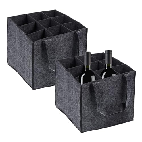 Sporgo Flessentas 9 flessen: 2 stuks flessendragers vilt flessenmand, herbruikbare vilten tas opvouwbare herenhandtas, wijnflessentas voor bier, wijn, champagne, grijs, 27x27x27cm, flessentas 9