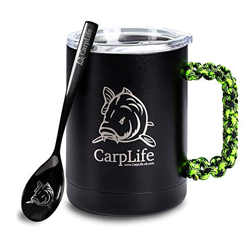 CarpLife Products Ltd CarpLife Thermal Fishing Mok en Lepel Thermische Mok met Lepel Roestvrijstalen thermische mok met deksel en geëtste Lepel (Neon & Black Handle)