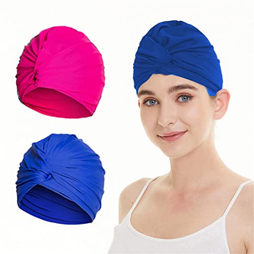 ITODA 2 x badmuts voor dames, tulband, badmuts, oorbescherming, badmuts, antislip, retro badmuts, elastische badmuts, zomer, zwemmuts voor lang kort haar, blauw, roze