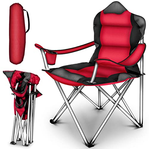 TRESKO ® opvouwbare campingstoel tot 150 kg   visstoel vouwstoel klapstoel met armleuningen en drankenhouder (rood)