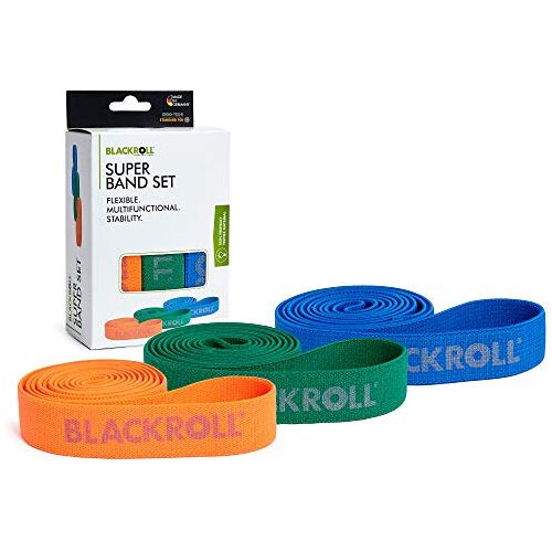 BLACKROLL ® SUPER BAND, set van 3 elastische banden voor flexibiliteit en spierversterking, weerstandsband voor training, 104 cm, blauw/groen/oranje