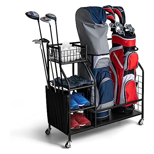 COSTWAY Golftas-organizer, golf-organizer met wielen en haken, golfset, opbergrek, golftassenrek, geschikt voor 2 golftassen en andere golfuitrusting en accessoires, 95 x 40 x 94 cm