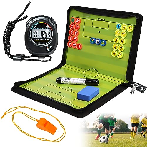 Vaileal Voetbal tactiekbord: trainer, tactiekmap, voetbal coach-board met magneten, inklapbaar voetbal tactisch bord met marker, gum, timer en fluitjes voor tactische instructies en training voor het spel