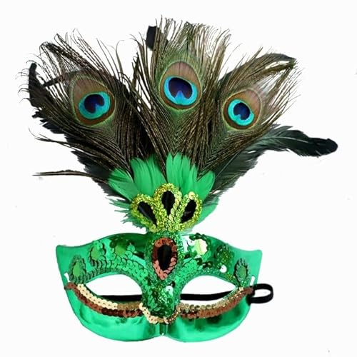 IEKEI Maskerade Masker Vrouwen Pauw Veer Masker Mardi Gras Masker Blauw Groen Metalen Glanzende Strass Voor Kerstfeest Decoratie