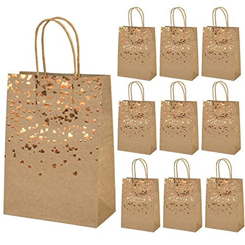 Mikihat 10 stuks papieren zakken met handvat, cadeauzakjes van kraftpapier, bronzing krafttas met gouden hartversiering, feestcadeauzakjes voor feestjes, bruiloften, feesten, cadeauzakjes