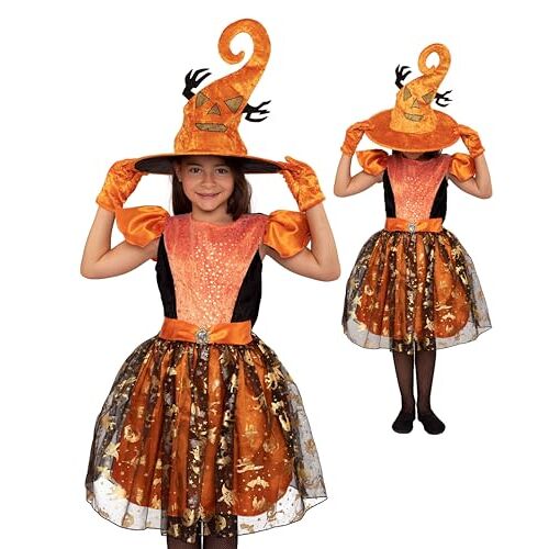 Magicoo Pompoen heks heksenkostuum voor kinderen meisjes incl. jurk, handschoenen en hoed maat 98 tot 146 Halloween heksenkostuum kind (128/134)