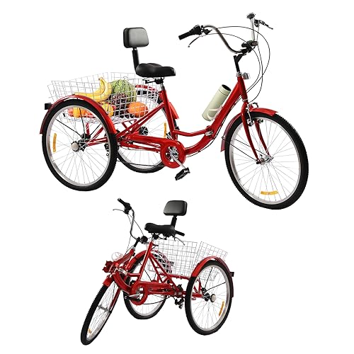 BJTDLLX Driewieler voor volwassenen, 24 inch (61 cm), driewieler voor senioren, volwassenen, 7 versnellingen, fiets met mand en licht geüpgraded, 3-wieler voor volwassenen, driewieler