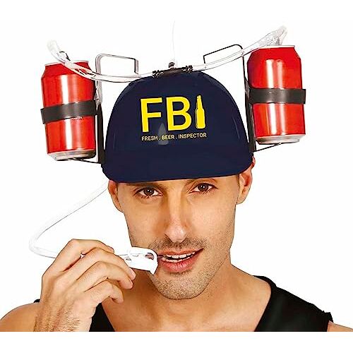 MIMIKRY FBI bouwvakker-helm met bierblikjeshouder en drinkinrichting, zwarte drinkhelm, hoed, drankhouder, bierhelm