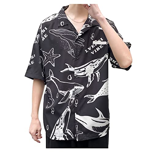YLWX Casual Overhemden Met Walvisprint For Op Het Strand, Hawaiiaanse Overhemden Met Knopen, Trendy Losse Vesten For Heren (Color : Black, Size : XXL)