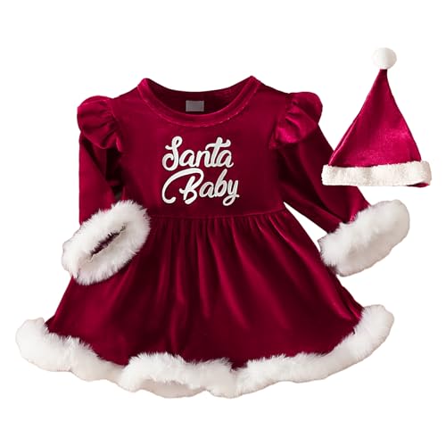 LVTFCO Kerst pasgeboren outfit meisje   Kerstjurk met lange mouwen voor babymeisje met hoed,Baby kerstoutfit voor babymeisjes van 0-2 jaar oud, kerstromper babymeisje voor de winter, cosplay