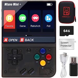 Astarama Miyoo Mini Plus Handheld gameconsole met harde behuizing, 3,5 inch IPS retro scherm, videospelconsole, geïntegreerde 64G TF-kaart 10.000+ games en 3000 mAh-accu, ondersteunt wifi