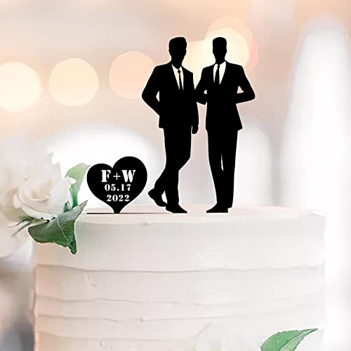 UDCRZ Mr En Mr Wedding Cake Topper Acryl Zwart Homoseksuele Homoseksuele Homo Man Paar Romantiek Cake Topper Silhouet Bruiloft Feestgunsten Pas Naam Est Datum Mannen Geschenken 6 inch