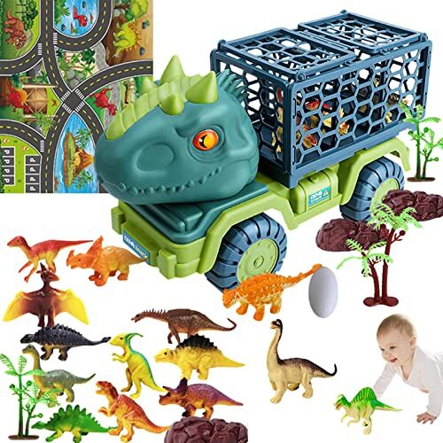 Rolempon Dinosaurusauto Tyrannosaurus Transport Autotransportwagen   Dinosaur Toys 15 Dino-figuren, activiteitenspeelmat, boom, steen, ei, Tyrannosaurus Transportwagen met transportwagen