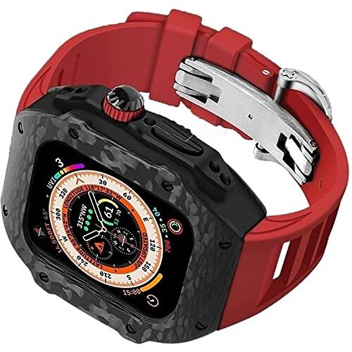 AEHON Koolstofvezel horlogekast+rubberen horlogeband mod kit, voor Apple Watch SE 8/7/6/5/4, mannen 49 mm roestvrij stalen horlogekast gesp titanium bescherming cover vervanging kit, voor Iwatch 44 mm