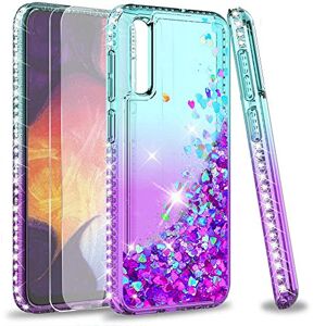 LeYi voor Samsung Galaxy A50 / A50S / A30S hoesje en gehard glazen schermbeschermer [2 stuks], meisje 3D glittervloeistof schattig gepersonaliseerde doorzichtige siliconen schokbestendige telefoonhoes voor Samsung A50 groen paars