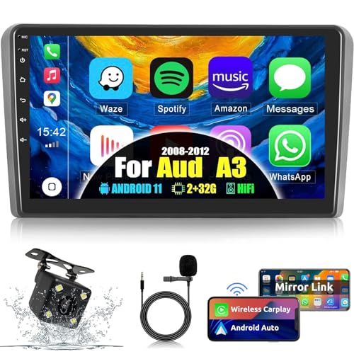 FutENI Autoradio für Au-di A3 S3 RS3 8P 8V 2008-2012 Carplay Wireless Android Auto, Radio 9 Zoll Touchscreen Android Radio GPS Navigatie, Bluetooth, WiFi, FM RDS 2 Din Radio + Rückfahrkamera