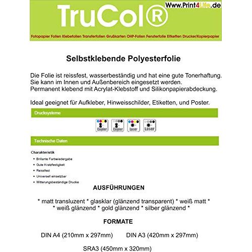 trucol Zelfklevende folie, 10 x DIN A3, wit, glanzend, printerfolie, zelfklevend, om te bedrukken, weerbestendig, waterdicht, voor laserprinter, kopieerapparaat, kleurenlaserprinter, kleurenlaserprinter