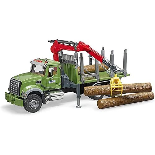 bruder 02824 Mack Granite houttransportwagen met laadkraan, grijper en 3 boomstammen, houttransportwagen