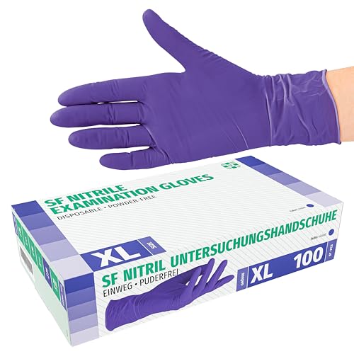 SF Medical Products GmbH Nitril handschoenen 100 stuks Box (XL, paars) wegwerphandschoenen, wegwerphandschoenen, onderzoekshandschoenen, nitril handschoenen paars, poedervrij, zonder latex, niet-steriel, latexvrij, disposible handschoenen, paars,