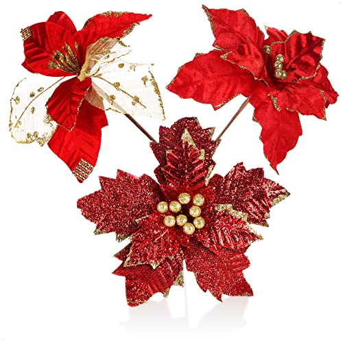 com-four ® 3x decoratieve arrangementen, kunstbloemen als leuke kerstversiering, mooie kamerdecoratie, ook voor kransen en bloemstukken (rood + goudkleurig)