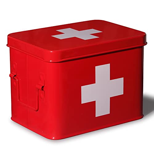 Theo&Cleo Medicijndoos, metaal, EHBO-doos, koffer, kast, medicijnkast, medicijnkoffer, retro, medicijnkast, 22 x 16 x 16 cm (rood-22 cm)