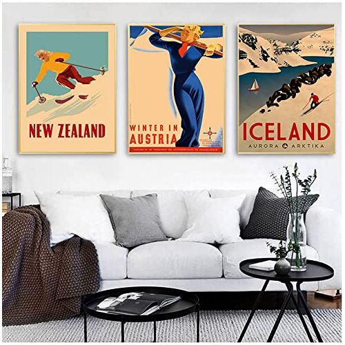 SIDIAN Australië Reizen Posters & Prints Nieuw-Zeeland Ski In Canvas Schilderij Vintage Wall Art Moderne Woonkamer Slaapkamer Muur Decor Foto 40x60cmx3 Geen Frame