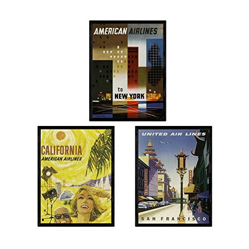 Nacnic poster vintage. Poster, de wereld van adverteren. Drie vintage bladen van Amerikaanse steden. A3-formaat