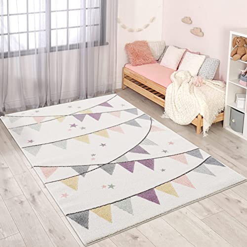 carpet city Kindertapijt kinderkamer crème paars 80x150 cm wimpel-motief kinderkamer tapijten meisjes babykamer tapijt speeltapijt