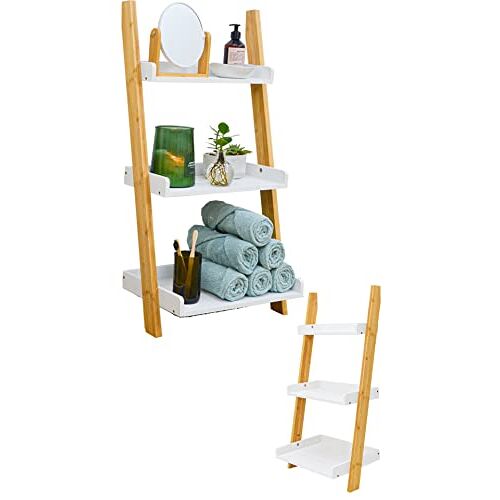 DuneDesign Bamboe ladderrek met 3 vakken, 45 x 90 cm, houten ladder voor badkamer