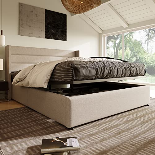 Huyuee Opbergbed 160 x 200 cm met hydraulische lattenbodem, linnen bekleding, hoofdeinde beige