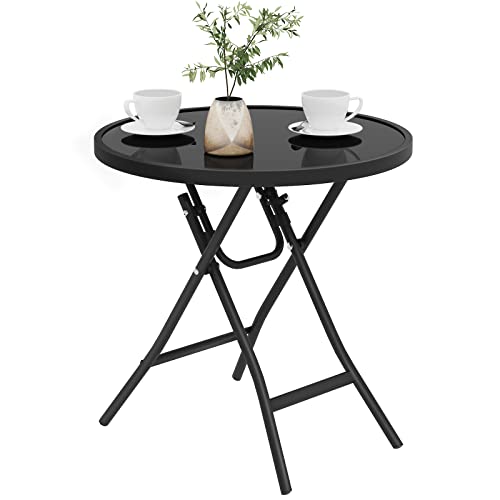 eSituro Inklapbare salontafel voor het balkon, met tafelblad van glas, tuintafel, inklapbare tafel, zwart, diameter 46 x 47,5 cm, ronde tafel