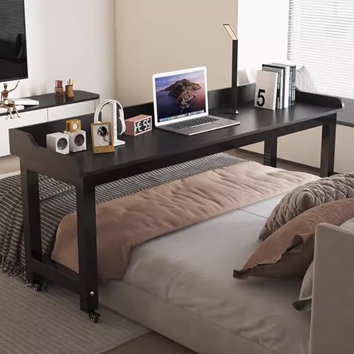 ZAIHW Overbed tafel met wielen, boven bedtafels, roltafel voor bed, boven het bed bureau King Size, werkt als bartafel, eettafel, laptopkar bed tafel bureau (kleur: zwart+teak, maat: 120 x 40