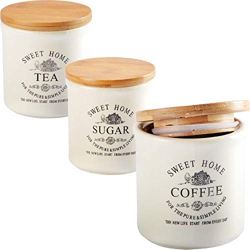 DRULINE Home Sweet Home Set Cermaic Containers met Bamboe Deksel Set van 3 Doos (Thee), Doos (Suiker), Doos (Koffie) 1 Stuk