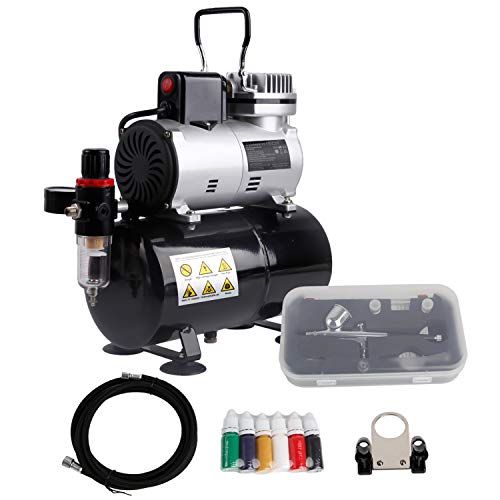 TIMBERTECH ABPST08K Airbrush-compressor, complete set met verbeterde koeling, mini-compressor, airbrushpistool en airbrush-accessoires