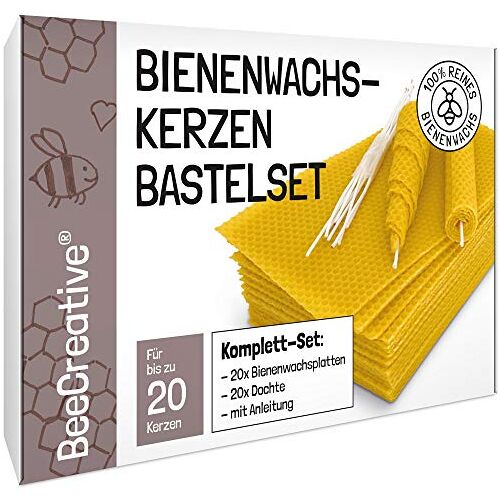 BeeCreative Bijenwaskaarsen, knutselset voor 20 kaarsen, 100% pure bijenwas, bijenwaskaarsen zelf maken met bijenwasplaten