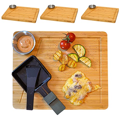 DuneDesign Raclette Bordenset voor 4 Personen 30 x 25 cm Racletteplankjes van Hout met Dipschaal Bamboe Raclettepannetjes Onderzetter Houten Raclette Pannetjes Borden Accessoires voor Raclette