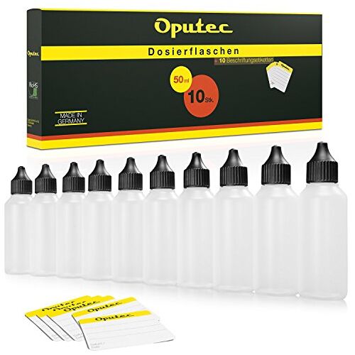 Oputec 10 x 50 ml vloeistofflessen met druppelaar, geschikt voor levensmiddelen, zachte PE-kunststof flessen zelf vullen, druppelflessen, plastic flessen, druppelflessen, + 10 etiketten