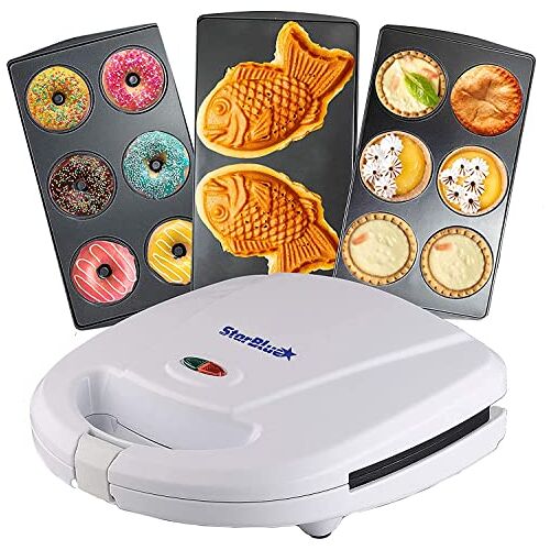 StarBlue Mini-Donutsmaker, Mini-Taart- En Quiche-Maker, Taiyaki-Maker 3 In 1 Dessertmaker Van  Met Drie Afneembare Platen Wit 220-240v 50/60hz 700-800w