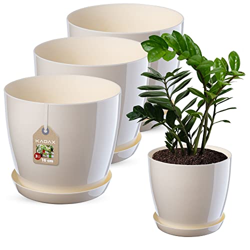 KADAX Bloempot, plantenpotset met onderschotel, bloempot van kunststof, ronde sierpot voor binnenshuis, bloempot voor bloemen en kamerplanten, kruidenpot (set van 3 16 cm, ecru)