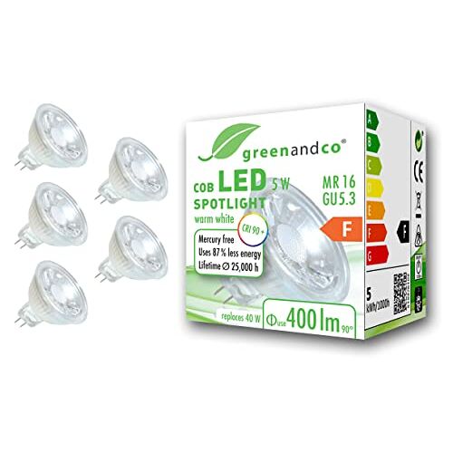 greenandco 5x ® CRI 90+ LED-spot vervangt 40 Watt MR16 GU5.3 halogeenspot, 5W 400 lumen 3000K warm wit 38° 12V AC/DC, niet dimbaar