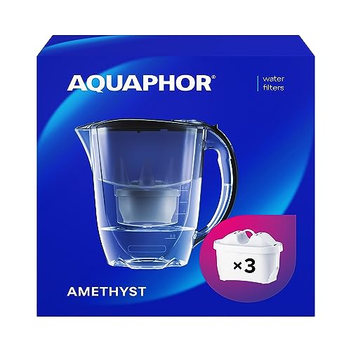 AQUAPHOR Waterfilterkan Amethyst Zwart 3 X MAXFOR+ Filter Inbegrepen I Capaciteit 2,8l I Past in de koelkastdeur I Vermindert Kalk Chloor & Microplastics