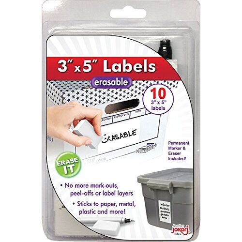 JOKARI 48037 Erasable Multi-Use Labels etiketten voor grote etiketten met 10 etiketten, gum en pen 7,6 cm x 12,7 cm Wit EinWEG