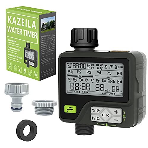 Kazeila waterschakelaar, watertimer 6 aparte irrigatieprogramma's met regensensor, waterdicht, kinderslot, handmatige controle irrigatiesysteem voor tuingazon