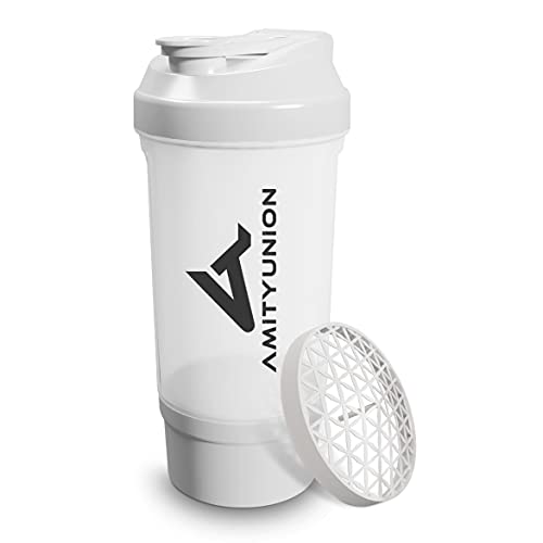 AMITYUNION Protein Shaker Wit 700 ml FYRA lekvrij BPA-vrij met poedervak ​​en zeef en schaal voor romige BCAA-shakes, shaker proteïne shake cups, proteïne shaker voor isolaten en wei-eiwit