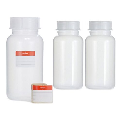 Octopus 3 x 1000 ml flessen van LDPE met brede hals met schroefdop, lege chemiefles, laboratoriumflessen met deksel als opbergvak voor laboratorium, keuken of hobby