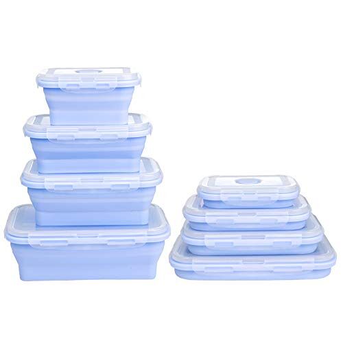 ZWOOS Siliconen voedselopslagcontainers met deksels, 4-pack draagbare opvouwbare lunch bento box stapelbare voedselopslagcontainers buiten picknickdoos (blauw)