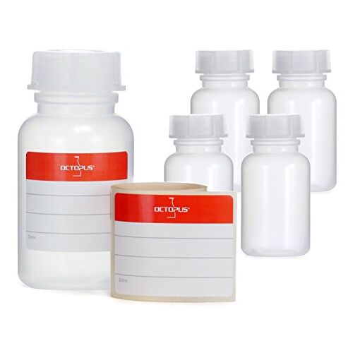 Octopus 5x 100 ml flessen van LDPE met brede hals met schroefdop, lege chemiefles, laboratoriumflessen met deksel als opbergvak voor laboratorium, keuken of hobby